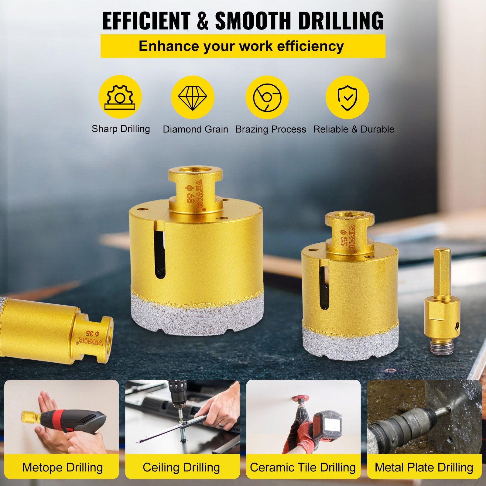 VEVOR diamond drill bits for efficient drilling on walls, ceilings, ceramic tiles, and metal.