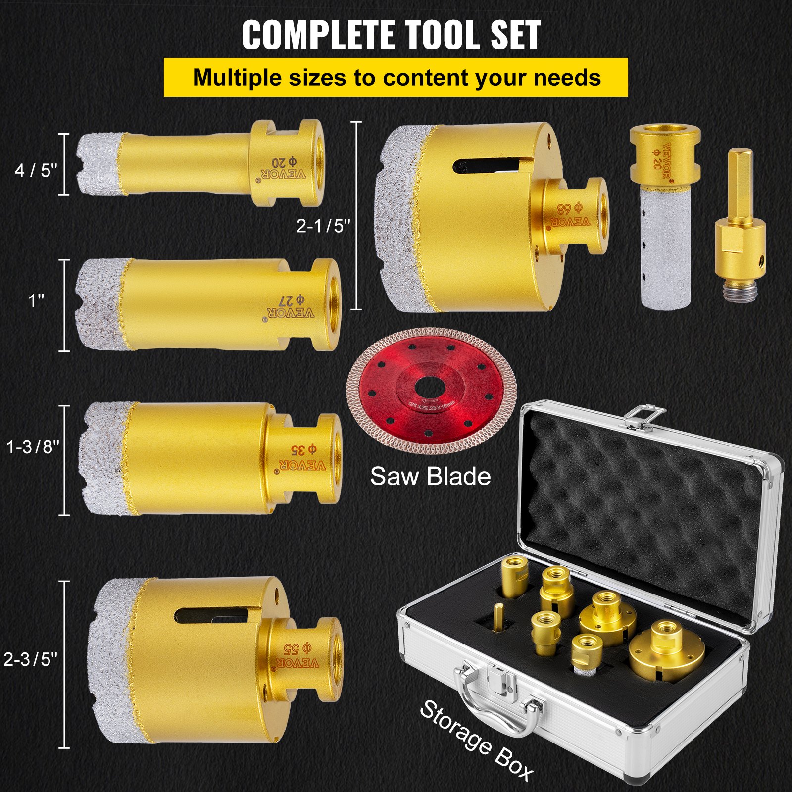complete set of VEVOR diamond drill bits, various sizes with a saw blade and storage box.