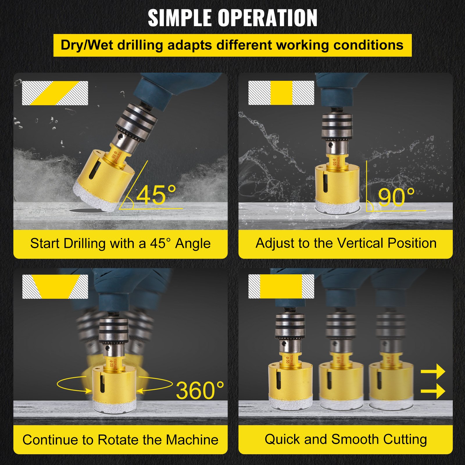 VEVOR diamond drill bits: 45° to 90° angle drilling, smooth cutting, easy operation.