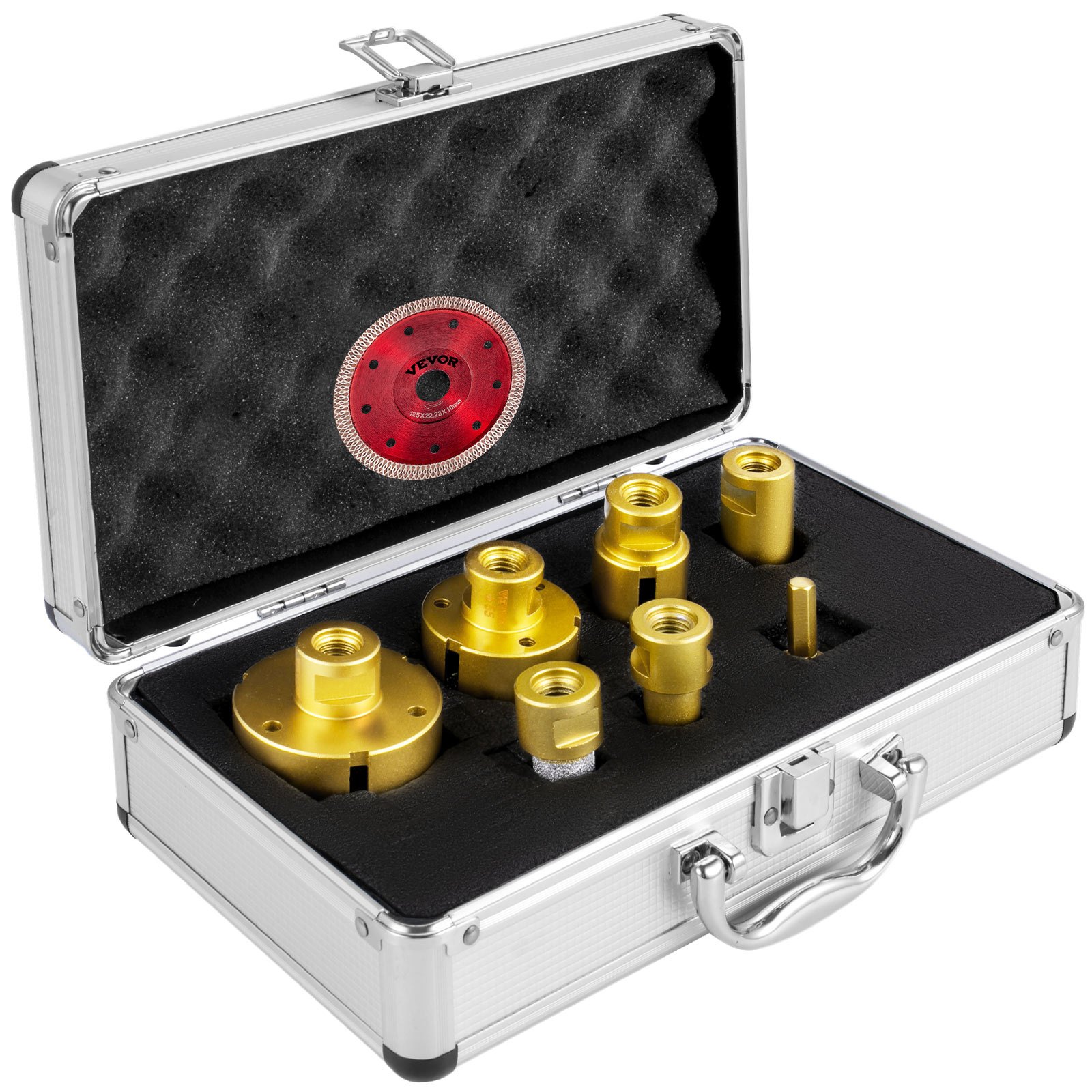 VEVOR diamond drill bits in a silver carrying case with protective foam insert.