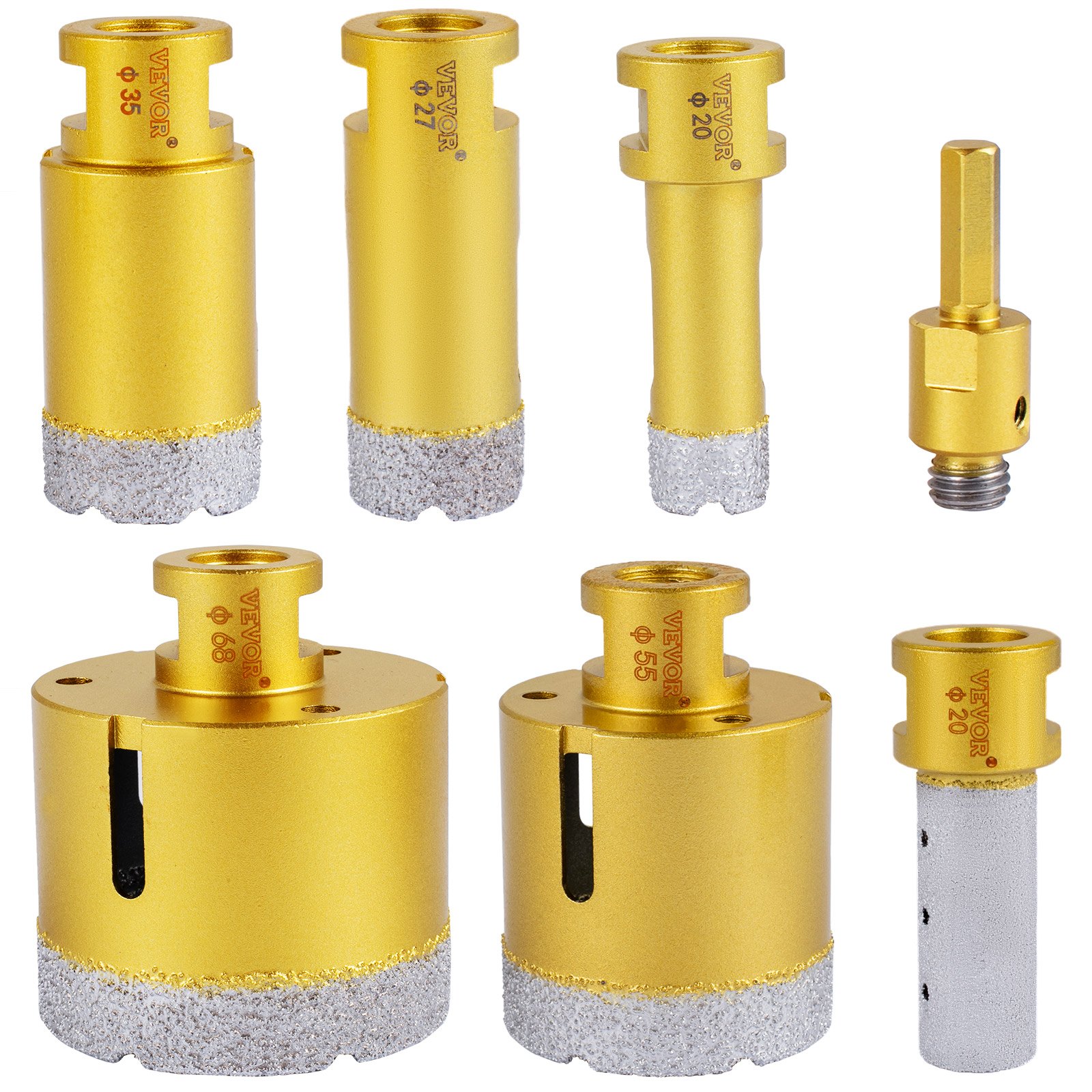gold VEVOR diamond drill bits of various sizes and shapes with diamond tips.