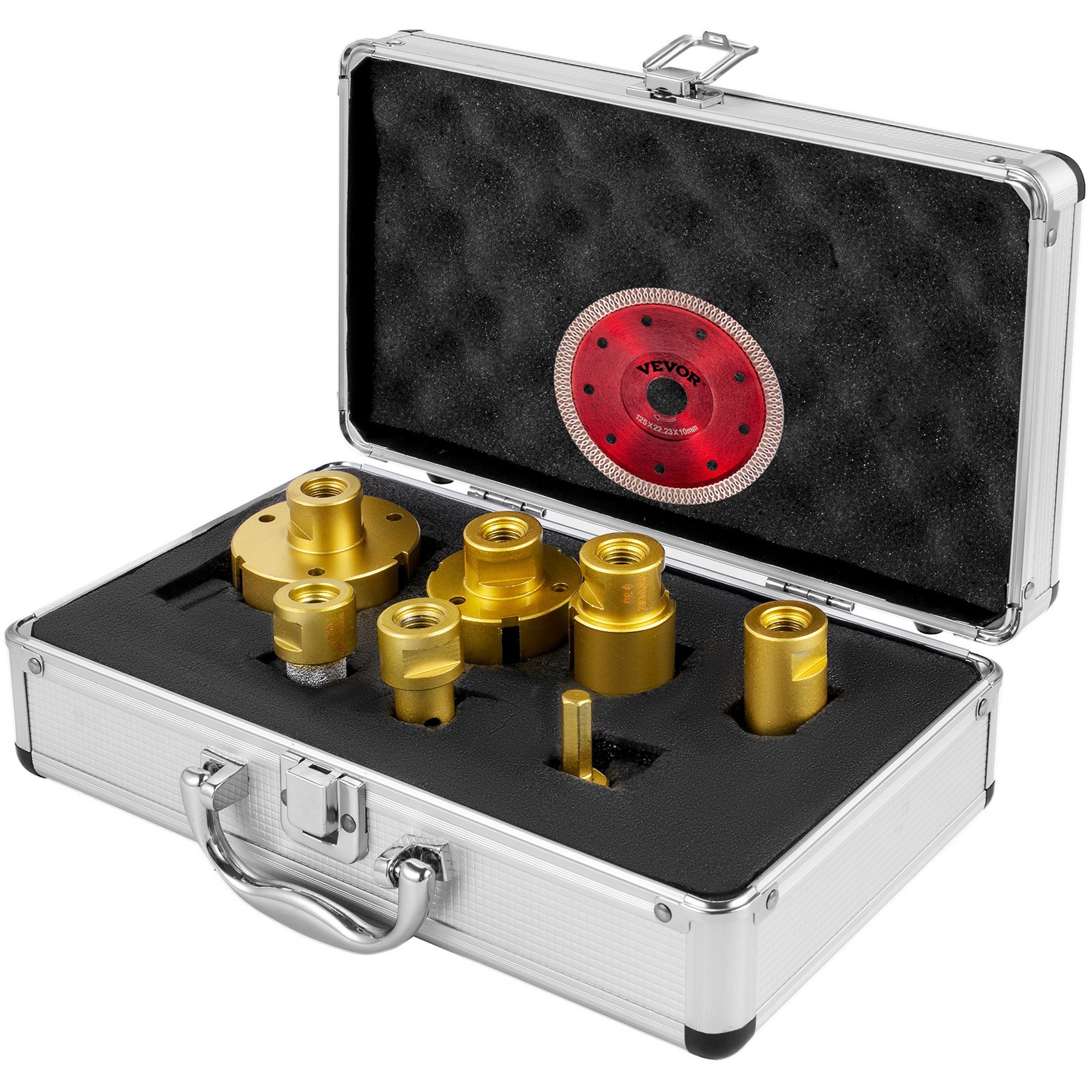 VEVOR diamond drill bits in a silver carrying case with seven gold drill bit pieces.