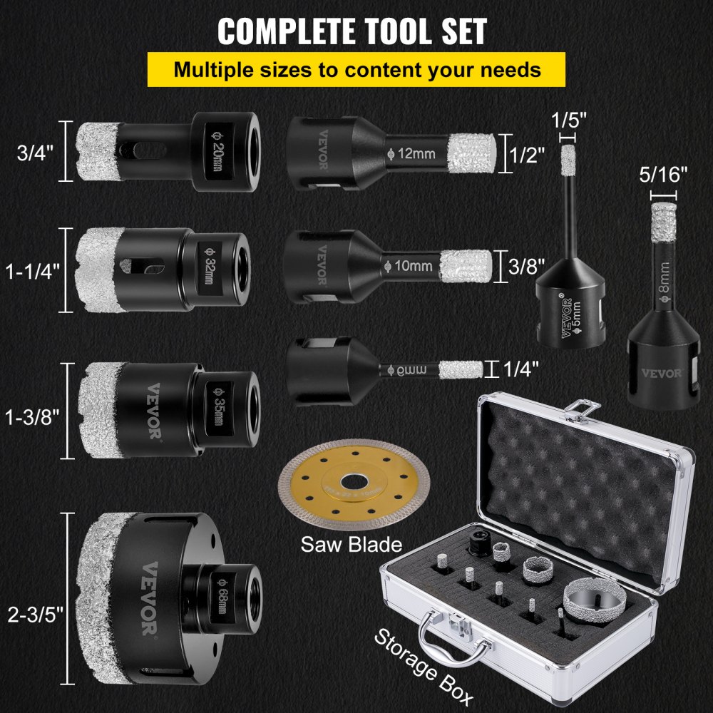 VEVOR Diamond Drill Bits 9PCS Diamond Hole Saw 5/6/8/10/12/20/32/35/68mm Tile Hole Saw Kit Vacuum Brazed Diamond Drill Bit 0.59in Segment Tile Hole Saw w Storage Case for Tile Ceramic Porcelain Marble