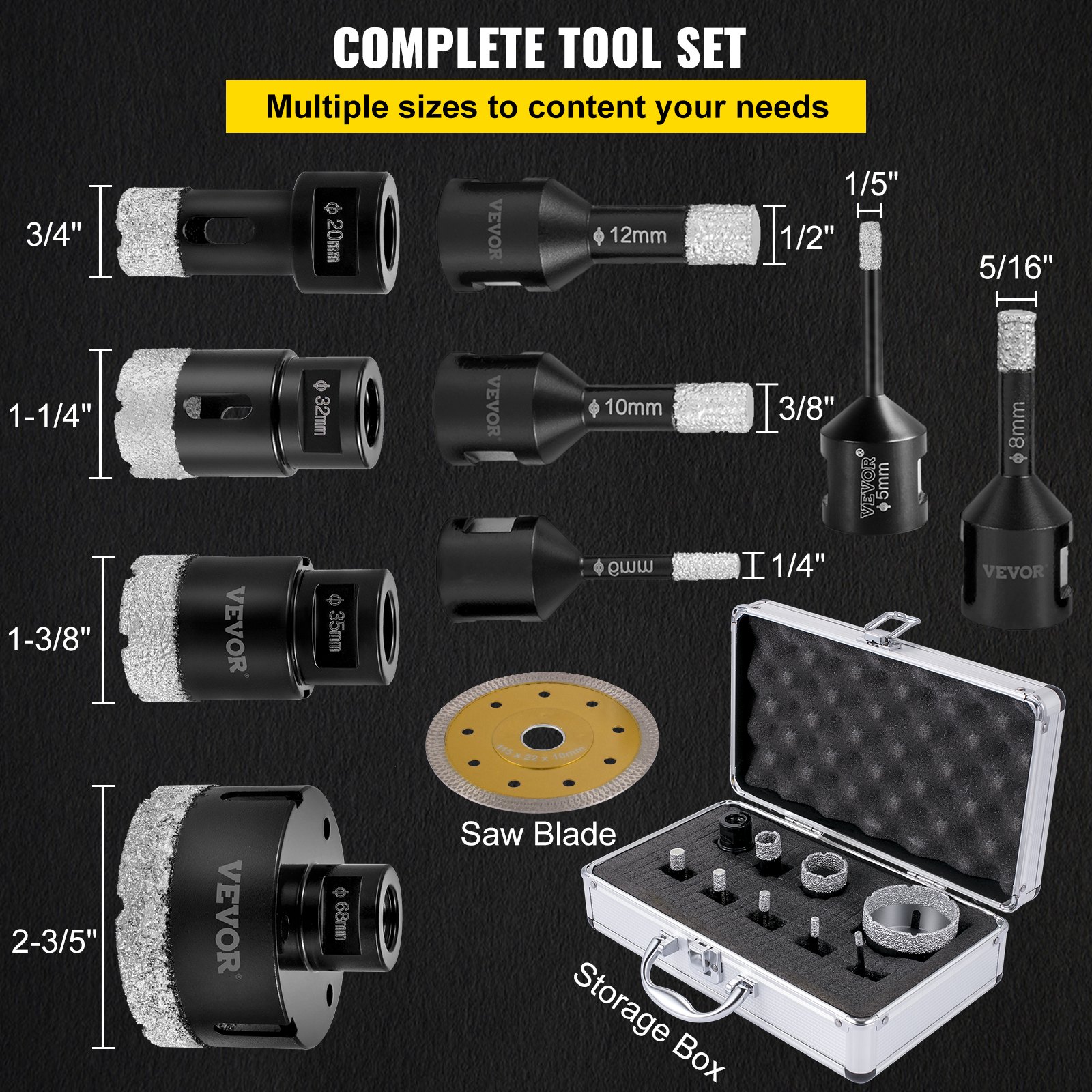 VEVOR Diamond Drill Bits 9PCS Diamond Hole Saw 5/6/8/10/12/20/32/35/68mm Tile Hole Saw Kit Vacuum Brazed Diamond Drill Bit 0.59in Segment Tile Hole Saw w Storage Case for Tile Ceramic Porcelain Marble