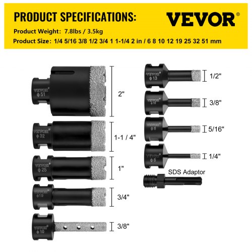 VEVOR Diamond Drill Bits 6/8/10/13/19/25/32/51 mm Diamond Hole Saw Brazed Tile Hole Saw Kit 0.59in Segment Diamond Drill Bit Finger Bit SDS Tile Hole Saw with a Blade for Tile Ceramic Porcelain Marbl