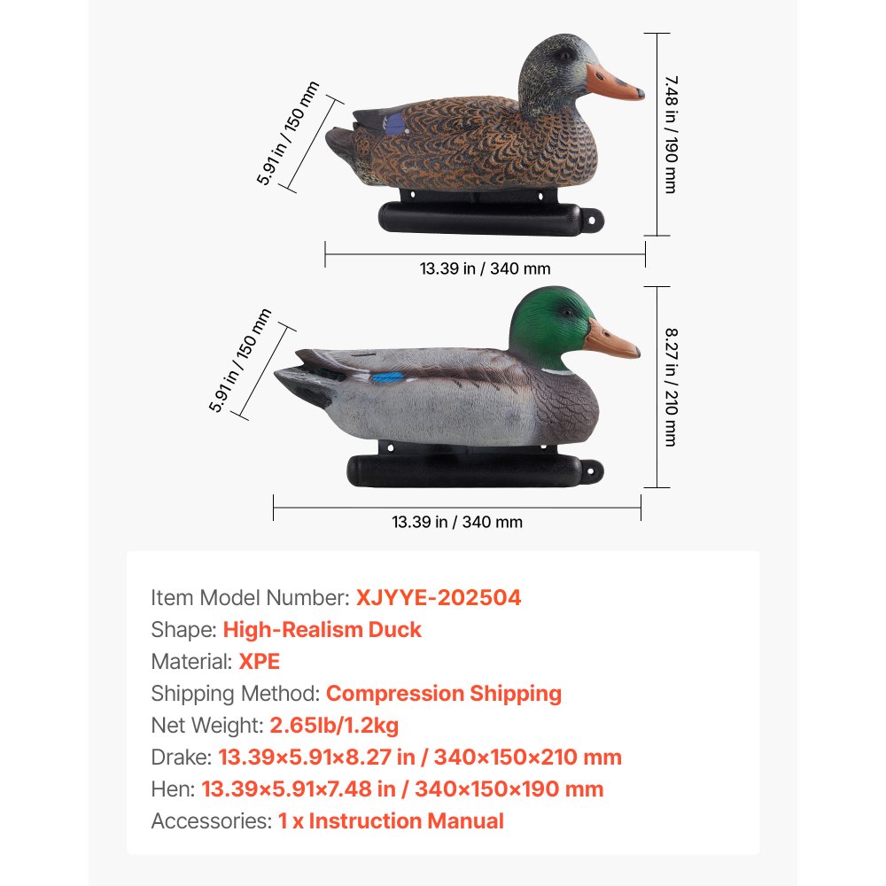 VEVOR Duck Decoys, Realistic Floating Duck Decoys, Weight Forward Swim, Plastic Duck Hunting Decoy Outdoor for Hunting, for Pool, Pond, and Lake, Garden Yard Decoration, Easy to Carry and Use, 6-Pack