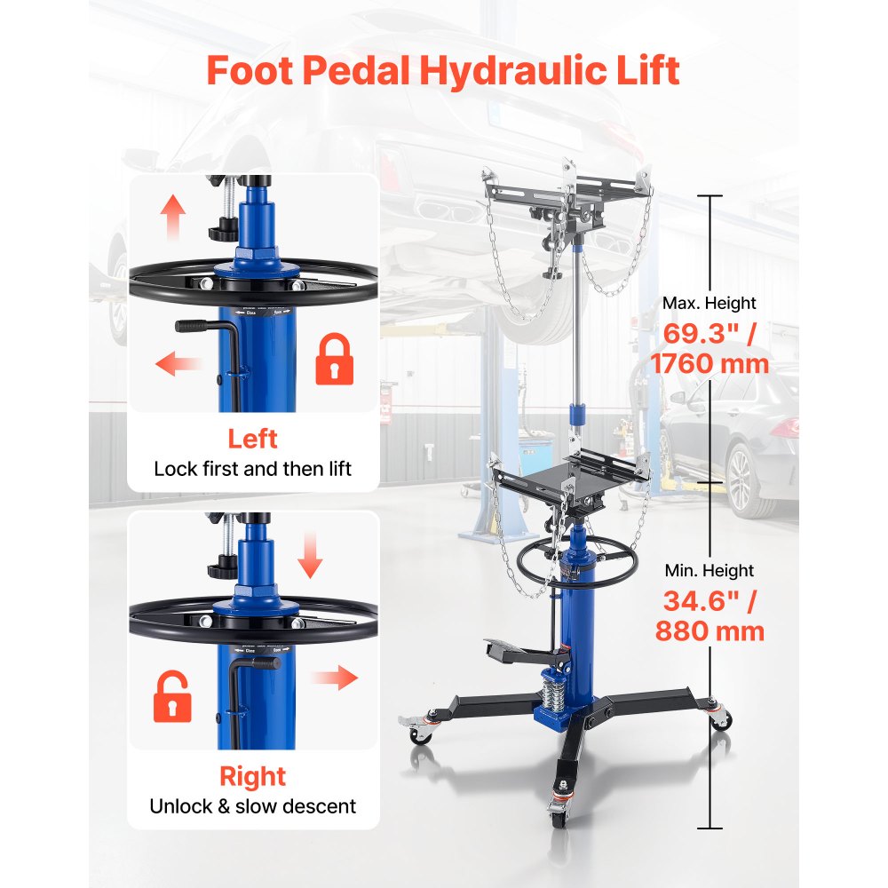 VEVOR Hydraulic Transmission Jack, 1322 lbs / 0.6 Ton Lifting Capacity Telescoping Transmission Jack with Foot Pedal, Dual Telescopic Trans, 34.6-69.3 in High Lifting Height, Garage/Shop Lift Hoist