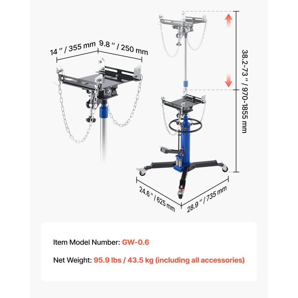 VEVOR Hydraulic Transmission Jack, 1322 lbs / 0.6 Ton Lifting Capacity Telescoping Transmission Jack with Foot Pedal, Dual Telescopic Trans, 34.6-69.3 in High Lifting Height, Garage/Shop Lift Hoist