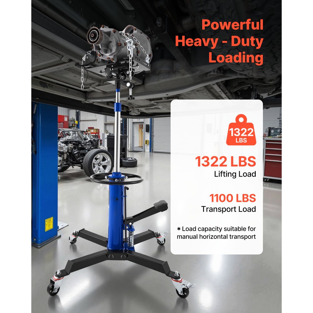 VEVOR Hydraulic Transmission Jack, 1322 lbs / 0.6 Ton Lifting Capacity Telescoping Transmission Jack with Foot Pedal, Dual Telescopic Trans, 34.6-69.3 in High Lifting Height, Garage/Shop Lift Hoist
