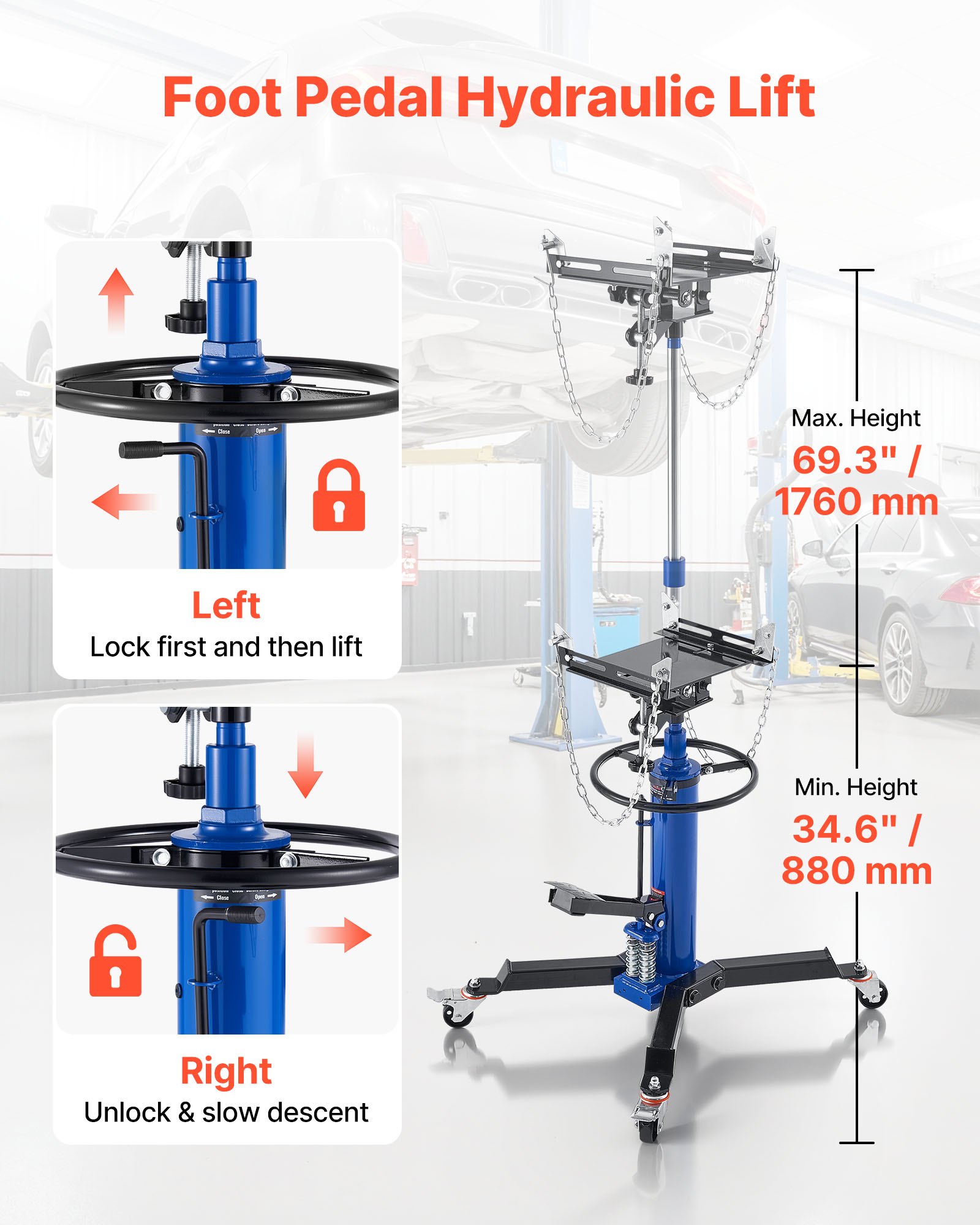 VEVOR Hydraulic Transmission Jack, 1322 lbs / 0.6 Ton Lifting Capacity Telescoping Transmission Jack with Foot Pedal, Dual Telescopic Trans, 34.6-69.3 in High Lifting Height, Garage/Shop Lift Hoist