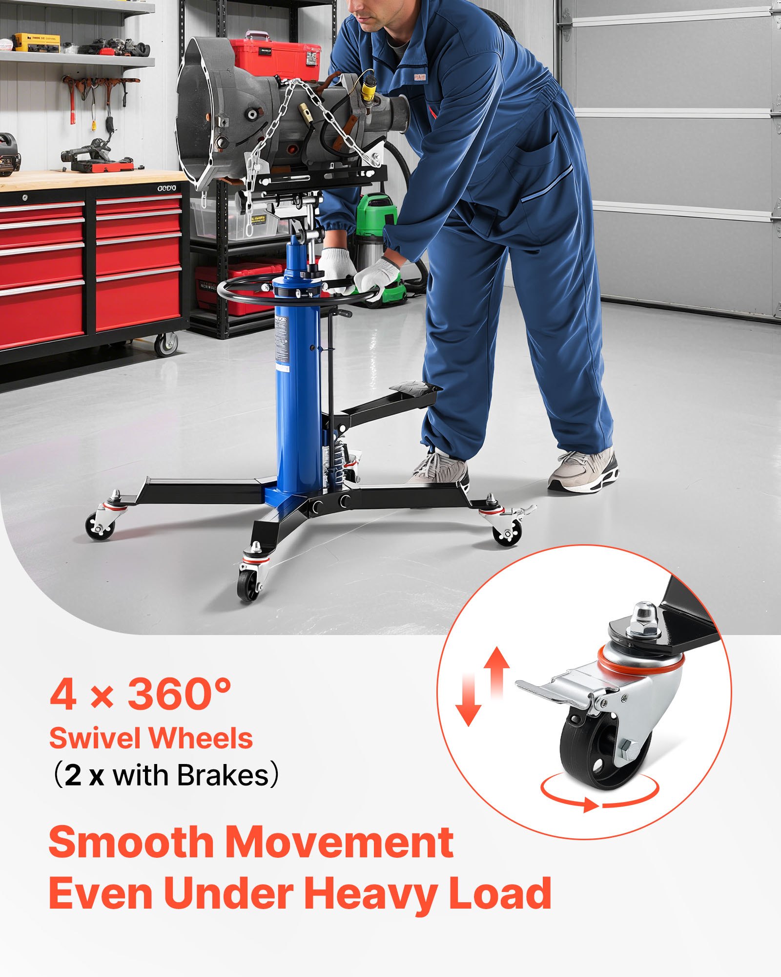 VEVOR Hydraulic Transmission Jack, 1660 lbs / 0.75 Ton Lifting Capacity Telescoping Transmission Jack with Foot Pedal, 360° Swivel Wheel, 34.6-69.3 in High Lifting Height, Lift Hoist for Garage/Shop
