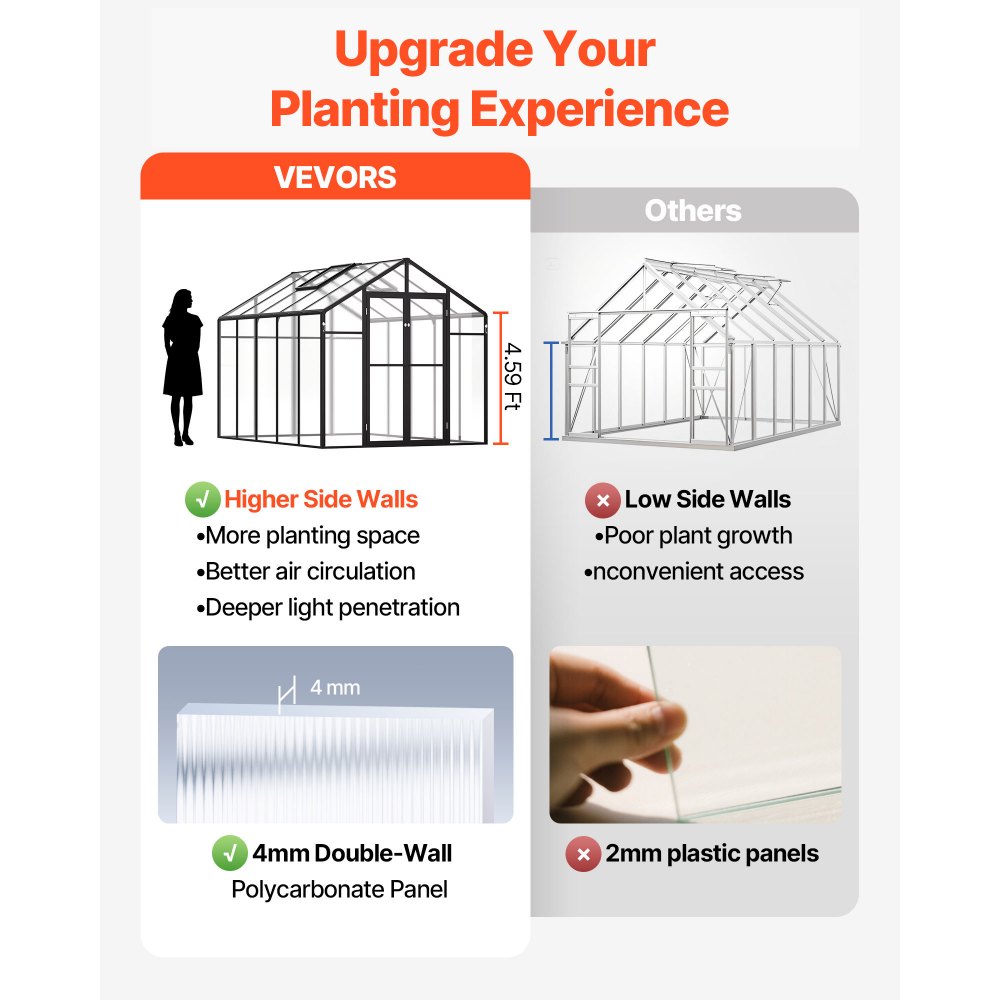 VEVOR Polycarbonate Greenhouse, 236 x 289 cm, Outdoor Greenhouse with 2 Vent Windows, Pavilion Styled Greenhouse with Hinged Door, Aluminum Large Walk-in Greenhouse Kit for Outside Garden Backyard