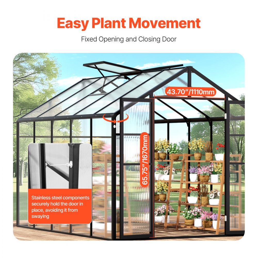 VEVOR Polycarbonate Greenhouse, 236 x 289 cm, Outdoor Greenhouse with 2 Vent Windows, Pavilion Styled Greenhouse with Hinged Door, Aluminum Large Walk-in Greenhouse Kit for Outside Garden Backyard