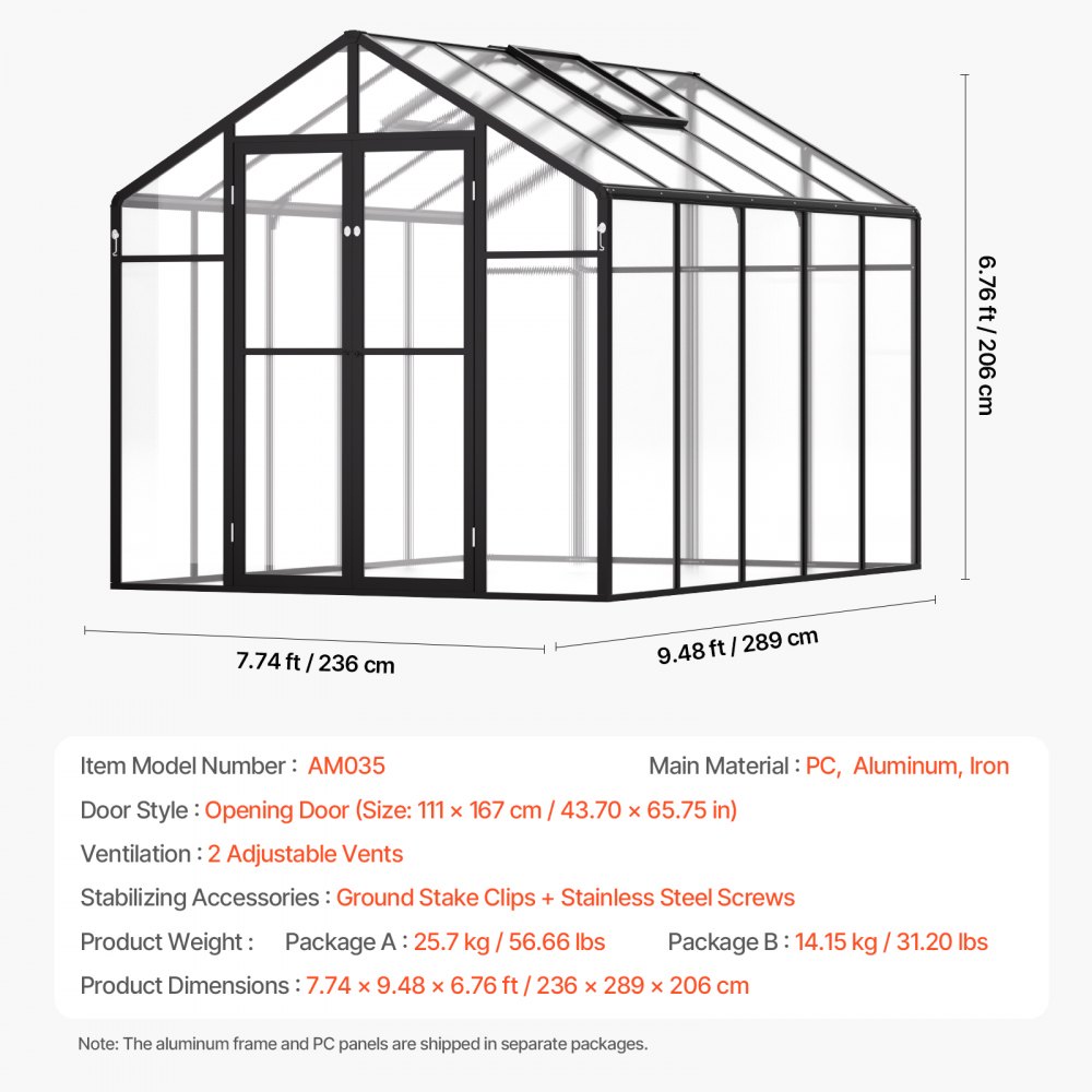 VEVOR Polycarbonate Greenhouse, 236 x 289 cm, Outdoor Greenhouse with 2 Vent Windows, Pavilion Styled Greenhouse with Hinged Door, Aluminum Large Walk-in Greenhouse Kit for Outside Garden Backyard