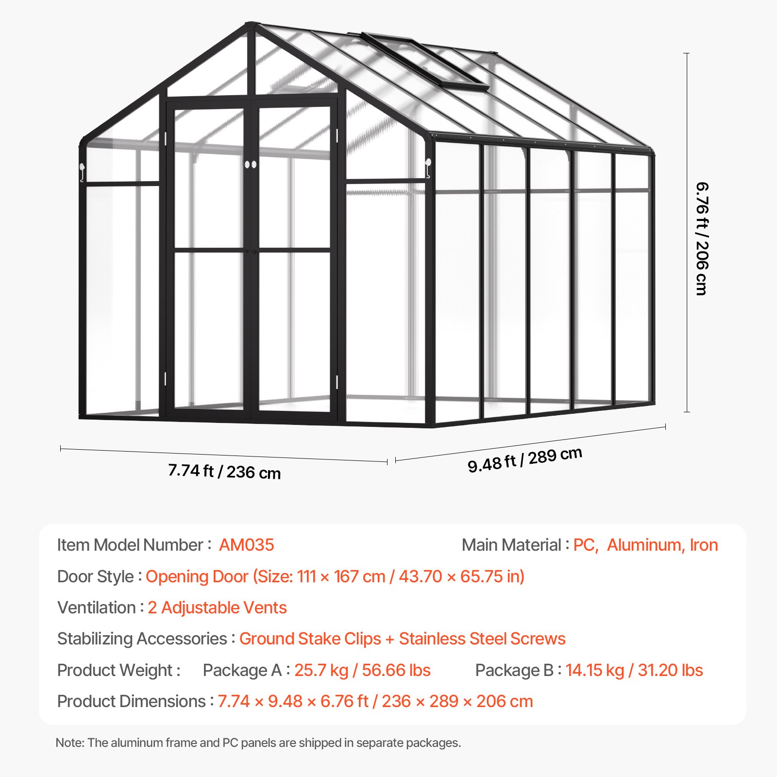 VEVOR Polycarbonate Greenhouse, 236 x 289 cm, Outdoor Greenhouse with 2 Vent Windows, Pavilion Styled Greenhouse with Hinged Door, Aluminum Large Walk-in Greenhouse Kit for Outside Garden Backyard