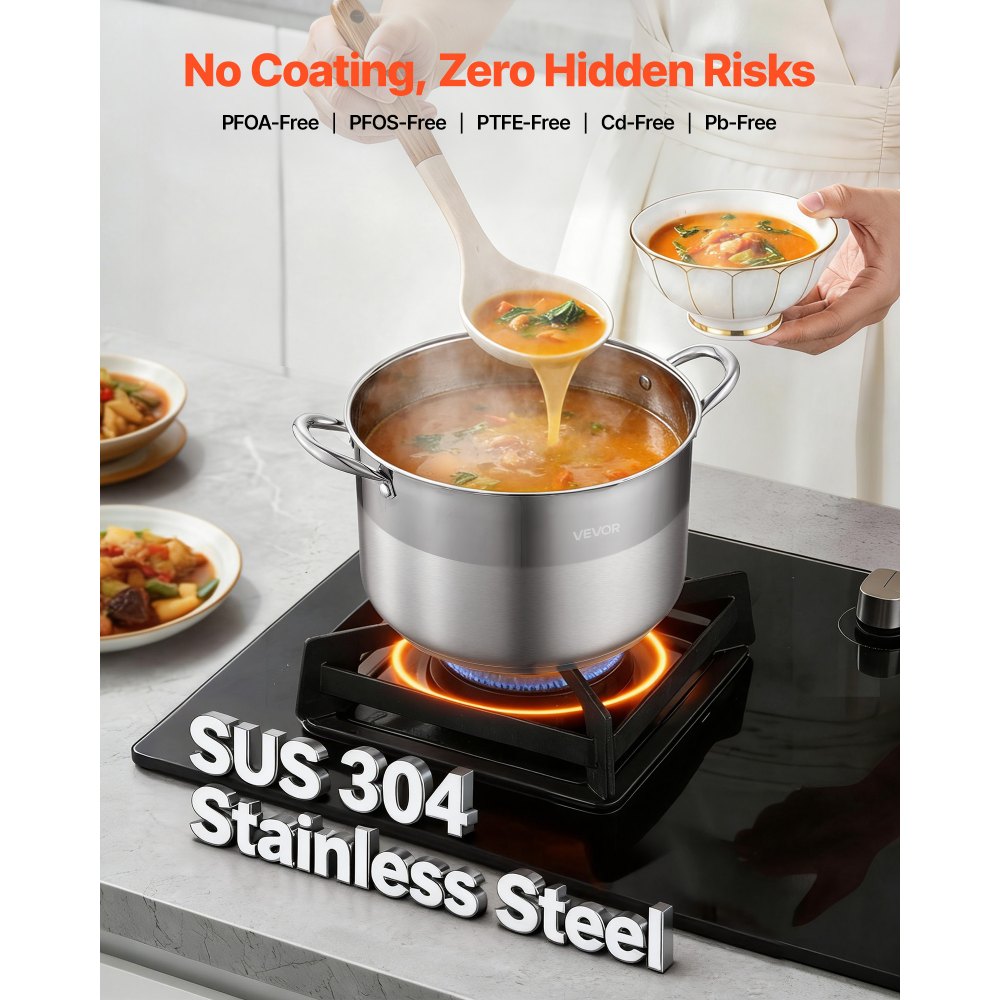 VEVOR Stainless Steel Stock Pot, 11.4 L Stainless Steel Stockpot with Glass Lid, PFOA-Free, PFAS-Free, Compatible with Gas Stoves, Induction Cooktops, Electric Stoves, for Soups, Stews, and Pasta