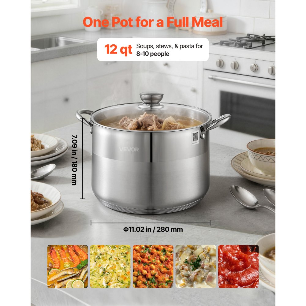 VEVOR Stainless Steel Stock Pot, 11.4 L Stainless Steel Stockpot with Glass Lid, PFOA-Free, PFAS-Free, Compatible with Gas Stoves, Induction Cooktops, Electric Stoves, for Soups, Stews, and Pasta