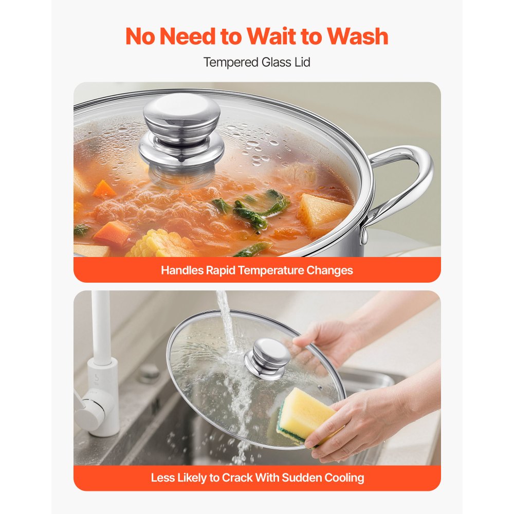 VEVOR Stainless Steel Stock Pot, 11.4 L Stainless Steel Stockpot with Glass Lid, PFOA-Free, PFAS-Free, Compatible with Gas Stoves, Induction Cooktops, Electric Stoves, for Soups, Stews, and Pasta