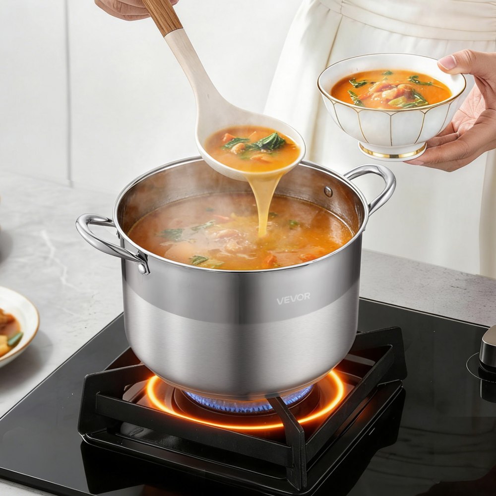 VEVOR Stainless Steel Stock Pot, 11.4 L Stainless Steel Stockpot with Glass Lid, PFOA-Free, PFAS-Free, Compatible with Gas Stoves, Induction Cooktops, Electric Stoves, for Soups, Stews, and Pasta