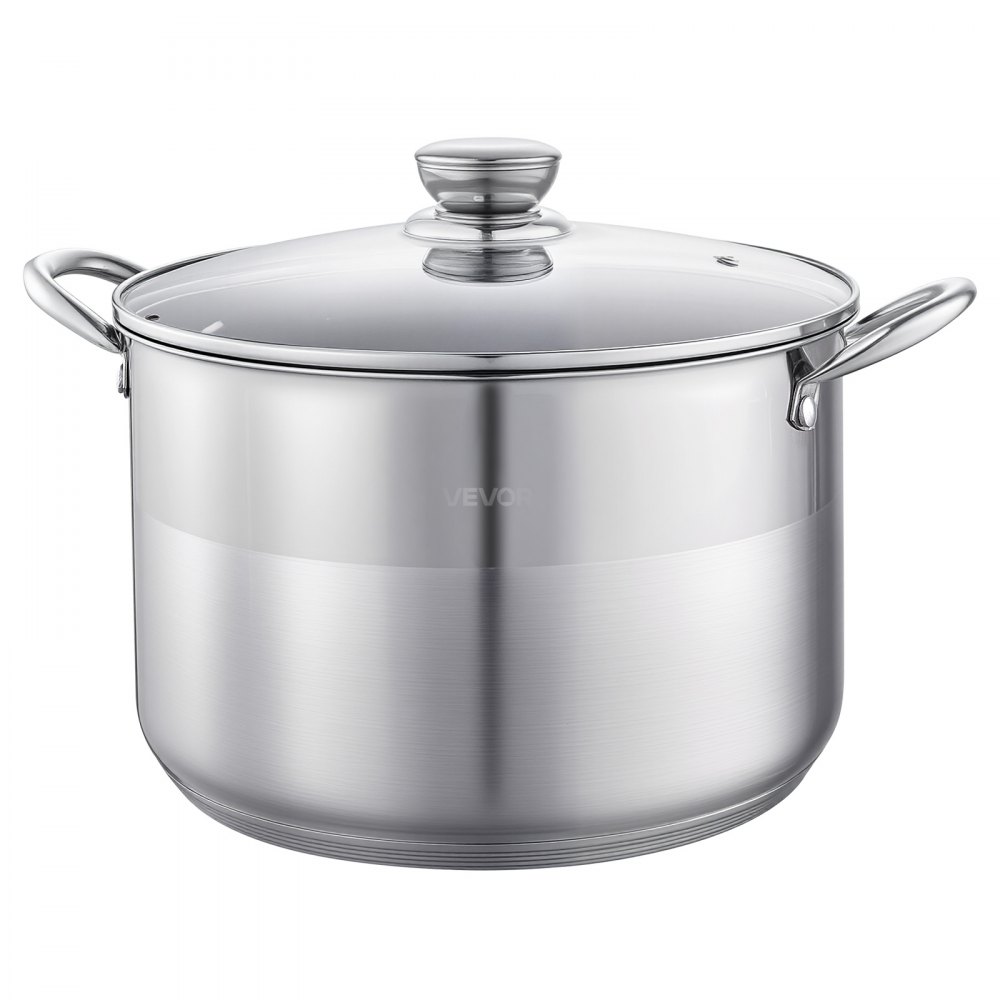VEVOR Stainless Steel Stock Pot, 11.4 L Stainless Steel Stockpot with Glass Lid, PFOA-Free, PFAS-Free, Compatible with Gas Stoves, Induction Cooktops, Electric Stoves, for Soups, Stews, and Pasta