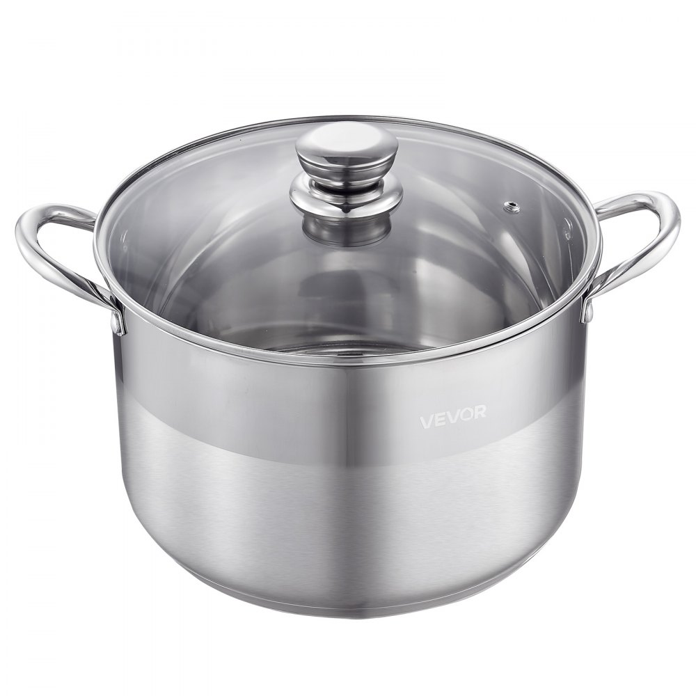 VEVOR Stainless Steel Stock Pot, 11.4 L Stainless Steel Stockpot with Glass Lid, PFOA-Free, PFAS-Free, Compatible with Gas Stoves, Induction Cooktops, Electric Stoves, for Soups, Stews, and Pasta
