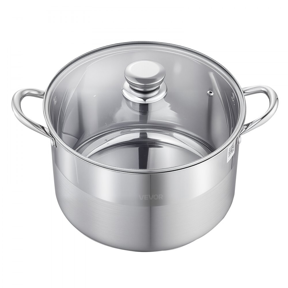 VEVOR Stainless Steel Stock Pot, 11.4 L Stainless Steel Stockpot with Glass Lid, PFOA-Free, PFAS-Free, Compatible with Gas Stoves, Induction Cooktops, Electric Stoves, for Soups, Stews, and Pasta