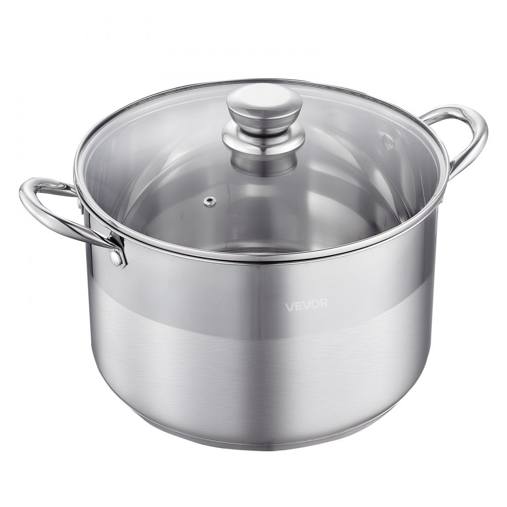 VEVOR Stainless Steel Stock Pot, 11.4 L Stainless Steel Stockpot with Glass Lid, PFOA-Free, PFAS-Free, Compatible with Gas Stoves, Induction Cooktops, Electric Stoves, for Soups, Stews, and Pasta