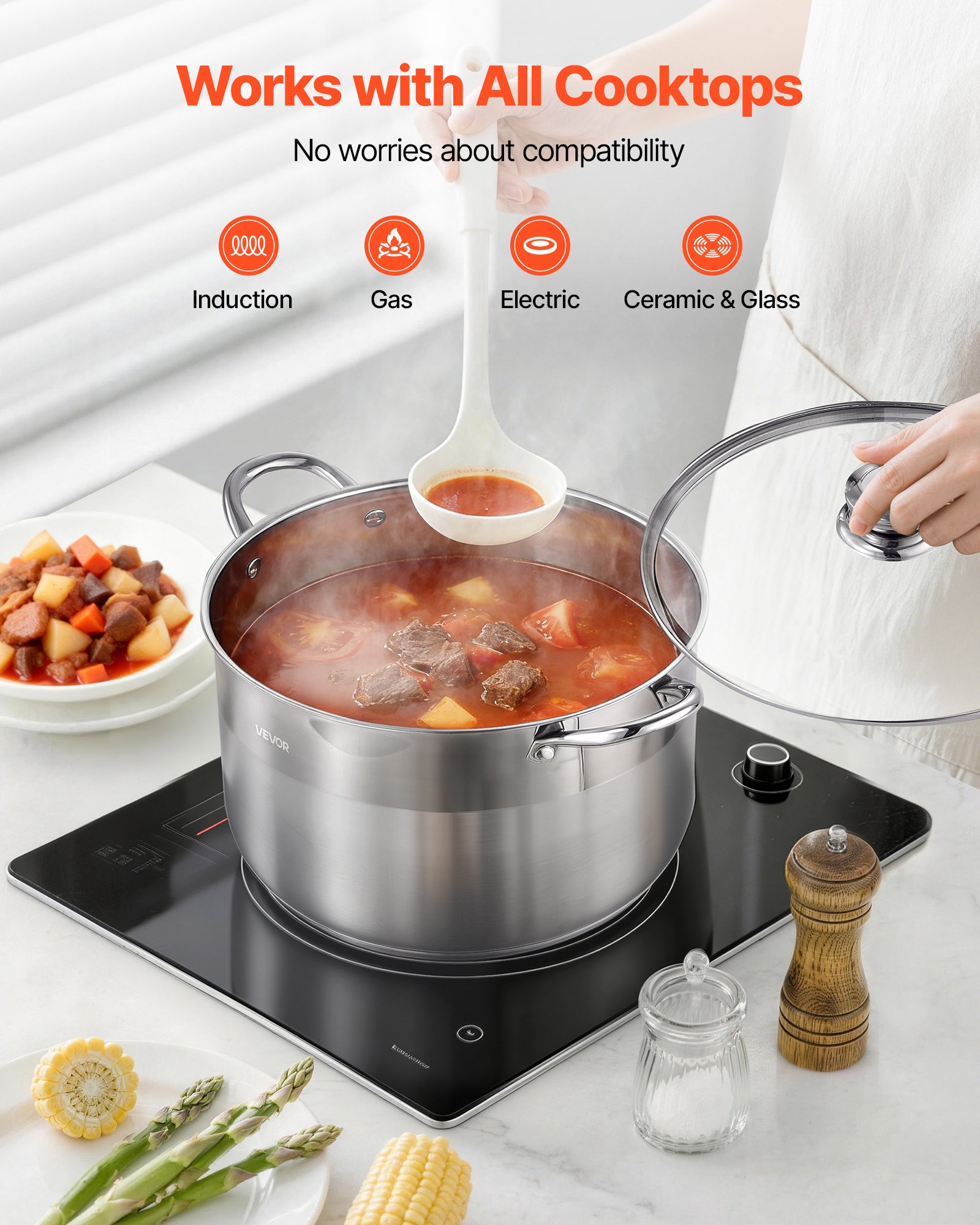 VEVOR Stainless Steel Stock Pot, 11.4 L Stainless Steel Stockpot with Glass Lid, PFOA-Free, PFAS-Free, Compatible with Gas Stoves, Induction Cooktops, Electric Stoves, for Soups, Stews, and Pasta