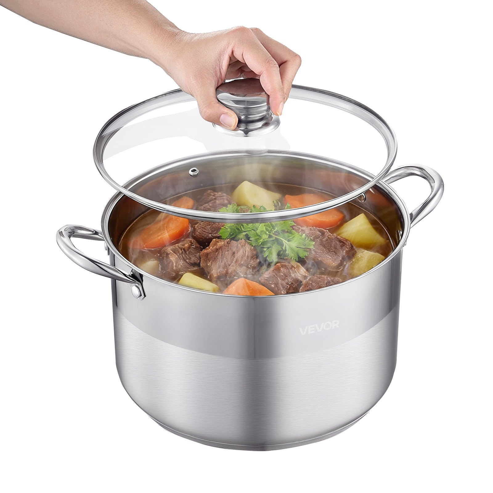 VEVOR Stainless Steel Stock Pot, 11.4 L Stainless Steel Stockpot with Glass Lid, PFOA-Free, PFAS-Free, Compatible with Gas Stoves, Induction Cooktops, Electric Stoves, for Soups, Stews, and Pasta