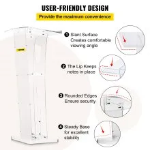 VEVOR Acrylic Podium 45" Tall Plexiglass Podium 26.8"x15" Table Acrylic Pulpits for Churches with 8 mm Thick Acrylic Board Acrylic Podiums and Lecterns Design for Lecture Recital Speech & Presentation