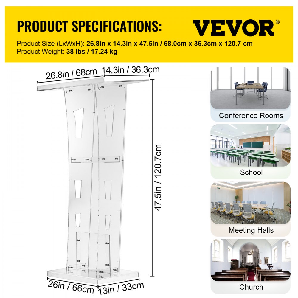 VEVOR Acrylic Podium Plexiglass Podium 1.2m Tall Acrylic Pulpits for Churches