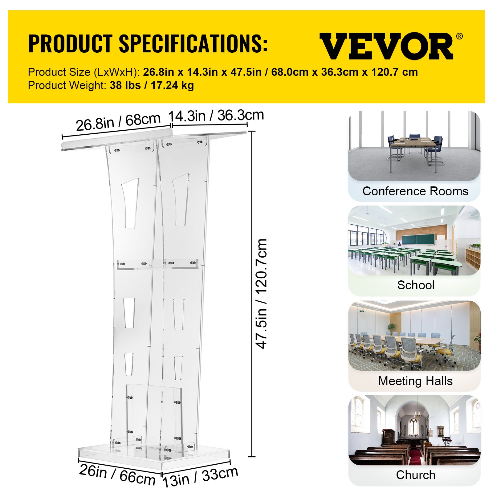 VEVOR Acrylic Podium Plexiglass Podium 1.2m Tall Acrylic Pulpits for Churches