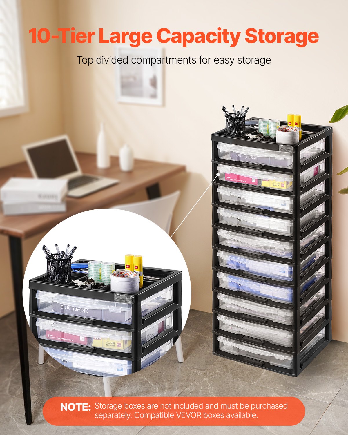 VEVOR Plastic Storage Organizer, 10-Tier Large Capacity with Organizer Top, Black Frame Only, PP Material Multifunctional Scrapbook Storage, for Office Essentials Tools Arts and Crafts Supplies