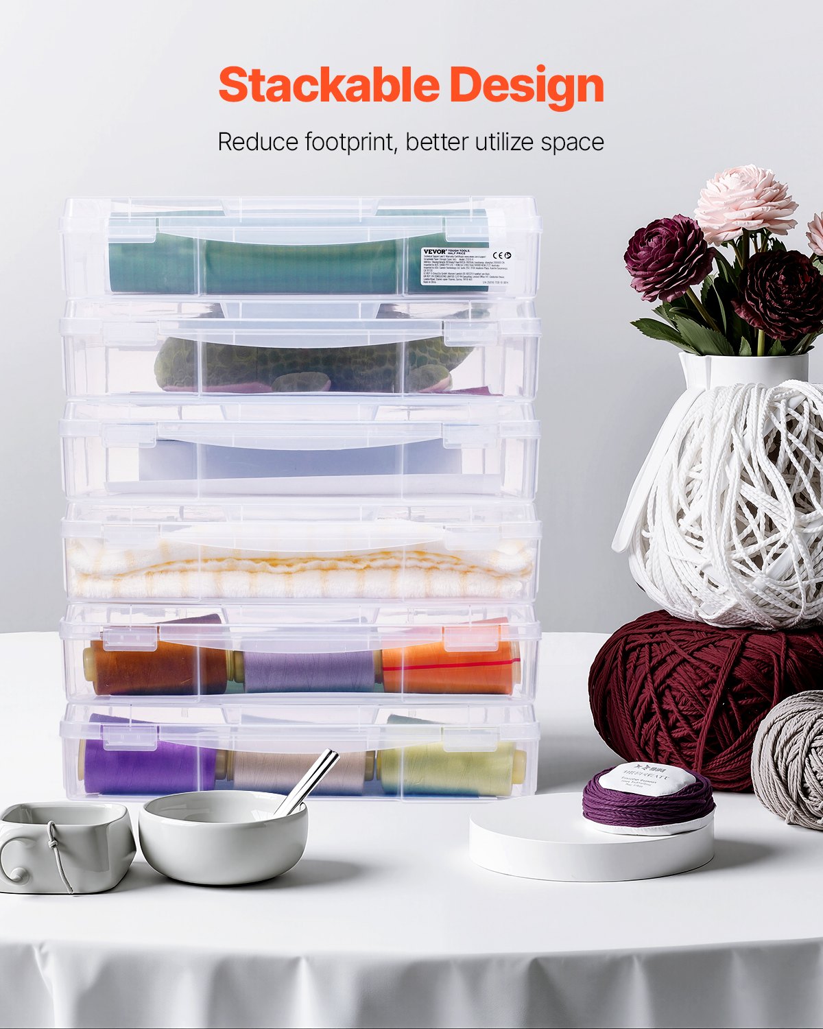 VEVOR Scrapbook Paper Storage, 6 Pack Stackable Plastic Board Game Boxes, Clear Multi-Purpose Document Case with Rounded Corners and Double Latches, for Office Essentials Tools Arts Crafts Supplies