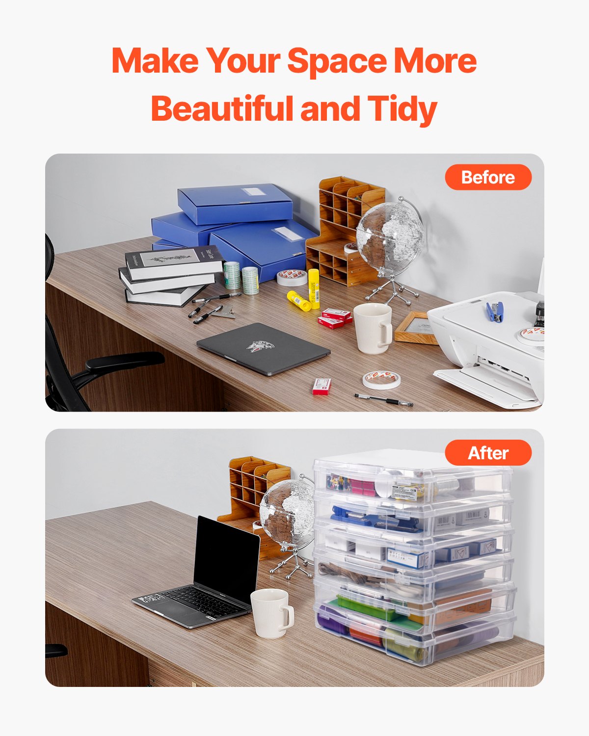 VEVOR Scrapbook Paper Storage, 6 Pack Stackable Plastic Board Game Boxes, Clear Multi-Purpose Document Case with Rounded Corners and Double Latches, for Office Essentials Tools Arts Crafts Supplies