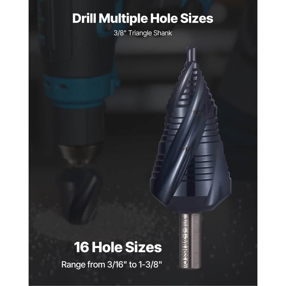 VEVOR Step Drill Bit, 3/16 to 1-3/8 inch, 3/8 inch Triangular Shank, TiAlN Coating Cobalt High Speed Steel, Four Spiral Flute Step Bit for Metal, Stainless Steel, Aluminum, Wood, Plastic, Fiberglass