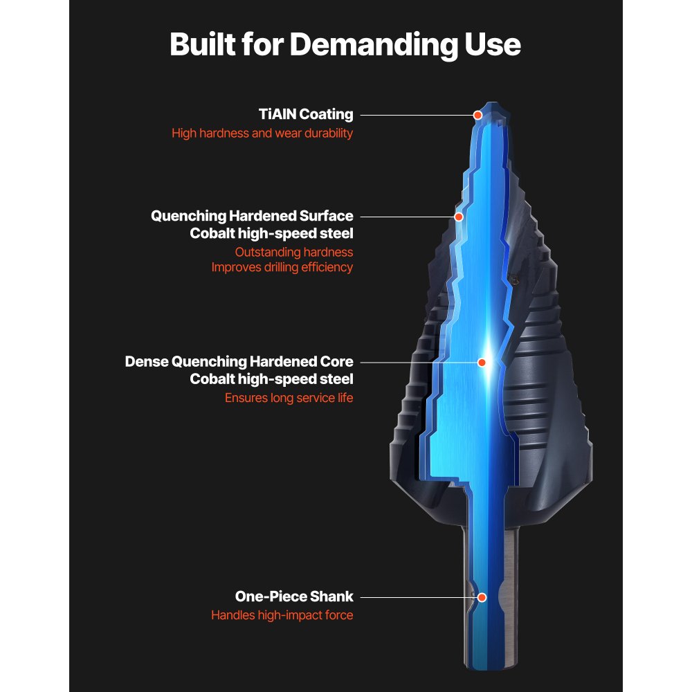 VEVOR Step Drill Bit, 3/16 to 1-3/8 inch, 3/8 inch Triangular Shank, TiAlN Coating Cobalt High Speed Steel, Four Spiral Flute Step Bit for Metal, Stainless Steel, Aluminum, Wood, Plastic, Fiberglass