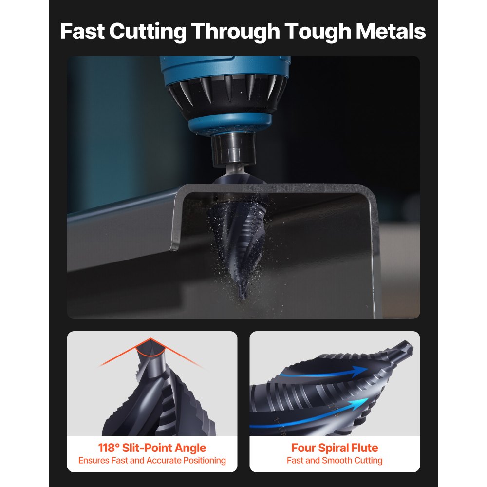 VEVOR Step Drill Bit, 3/16 to 1-3/8 inch, 3/8 inch Triangular Shank, TiAlN Coating Cobalt High Speed Steel, Four Spiral Flute Step Bit for Metal, Stainless Steel, Aluminum, Wood, Plastic, Fiberglass