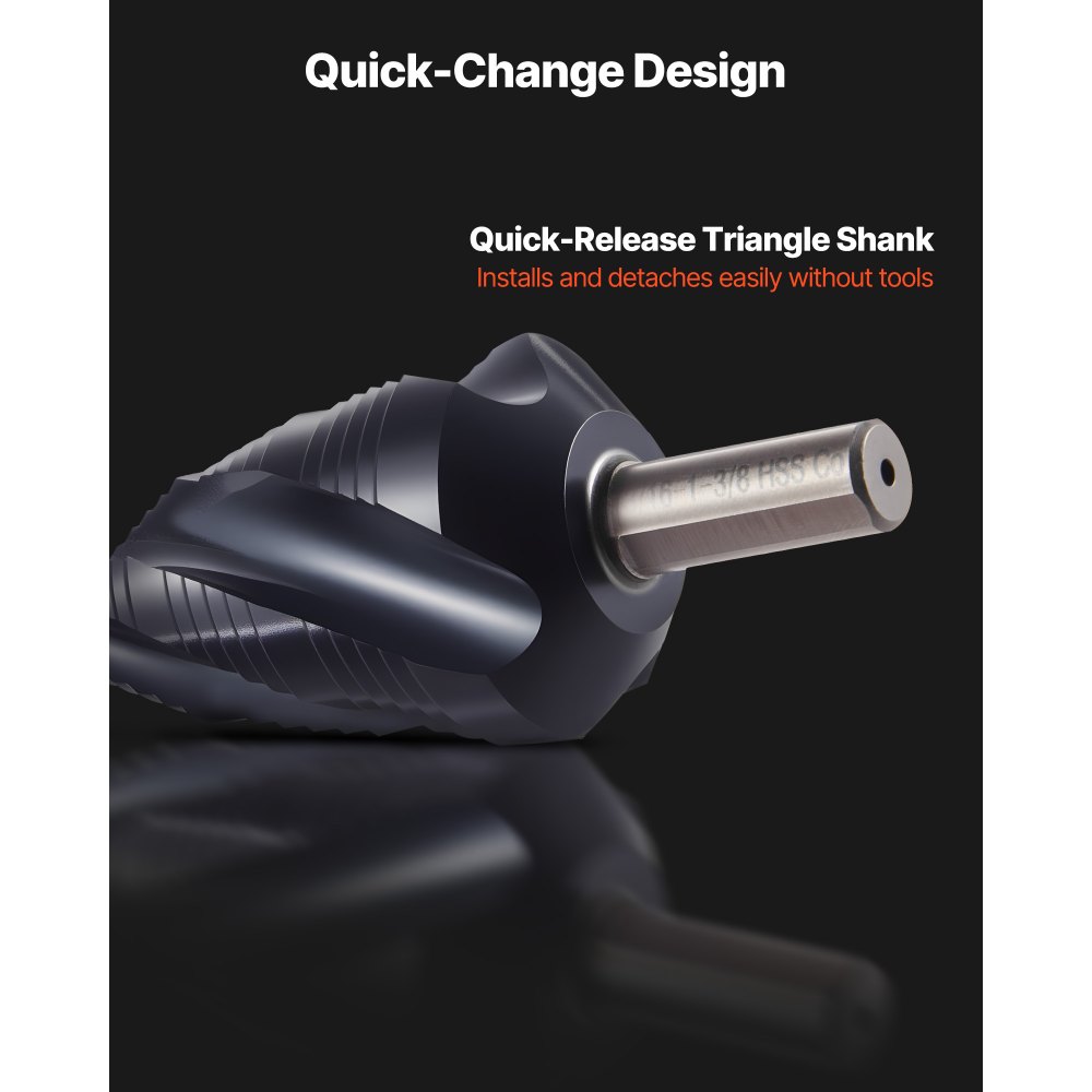 VEVOR Step Drill Bit, 3/16 to 1-3/8 inch, 3/8 inch Triangular Shank, TiAlN Coating Cobalt High Speed Steel, Four Spiral Flute Step Bit for Metal, Stainless Steel, Aluminum, Wood, Plastic, Fiberglass