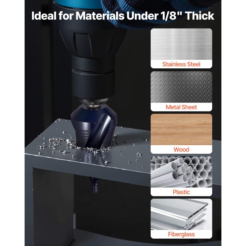 VEVOR Step Drill Bit, 3/16 to 1-3/8 inch, 3/8 inch Triangular Shank, TiAlN Coating Cobalt High Speed Steel, Four Spiral Flute Step Bit for Metal, Stainless Steel, Aluminum, Wood, Plastic, Fiberglass