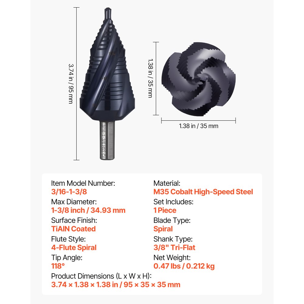 VEVOR Step Drill Bit, 3/16 to 1-3/8 inch, 3/8 inch Triangular Shank, TiAlN Coating Cobalt High Speed Steel, Four Spiral Flute Step Bit for Metal, Stainless Steel, Aluminum, Wood, Plastic, Fiberglass