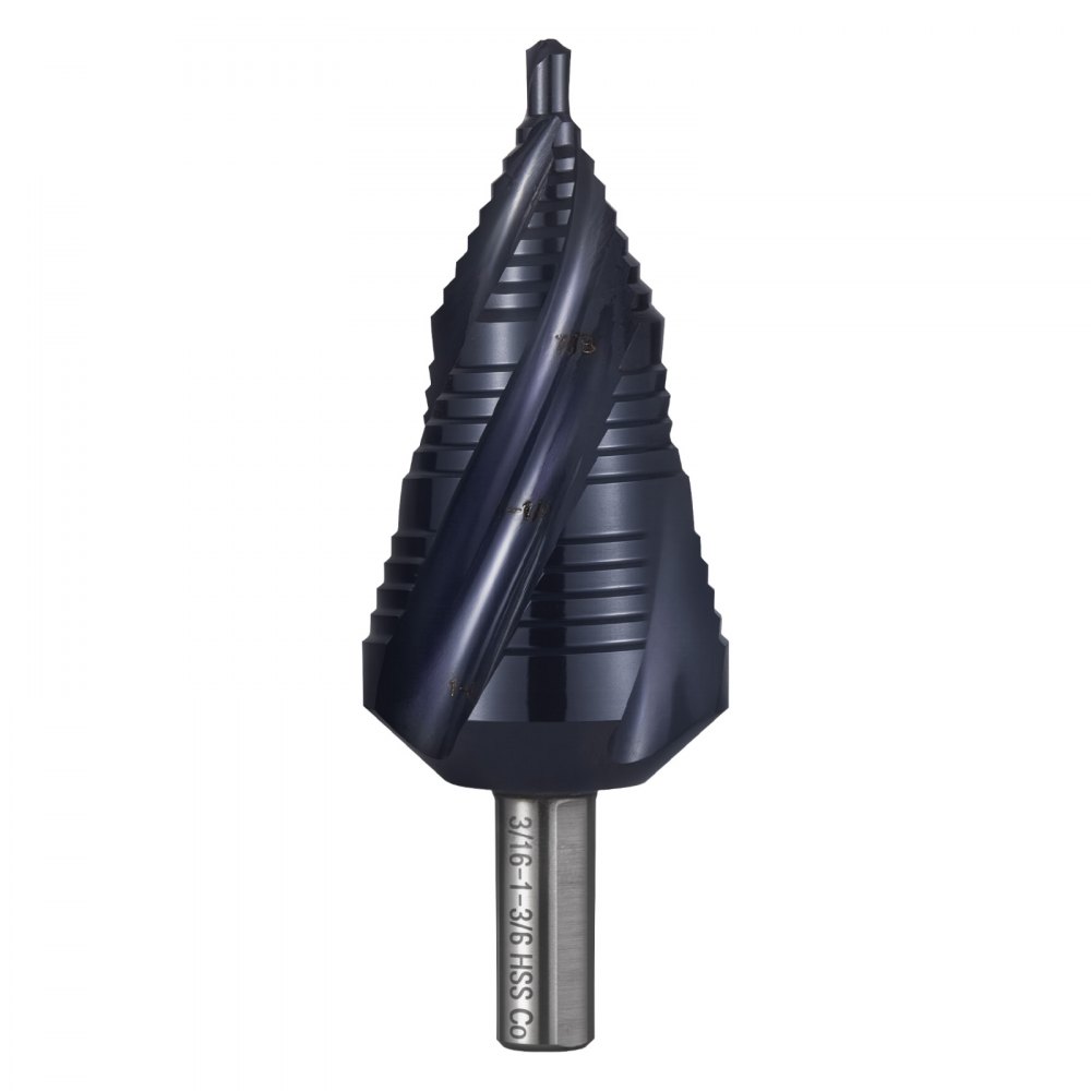 VEVOR Step Drill Bit, 3/16 to 1-3/8 inch, 3/8 inch Triangular Shank, TiAlN Coating Cobalt High Speed Steel, Four Spiral Flute Step Bit for Metal, Stainless Steel, Aluminum, Wood, Plastic, Fiberglass