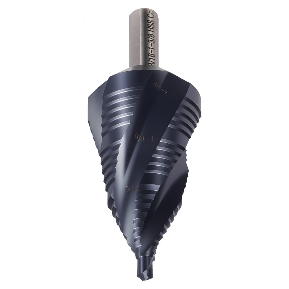 VEVOR Step Drill Bit, 3/16 to 1-3/8 inch, 3/8 inch Triangular Shank, TiAlN Coating Cobalt High Speed Steel, Four Spiral Flute Step Bit for Metal, Stainless Steel, Aluminum, Wood, Plastic, Fiberglass