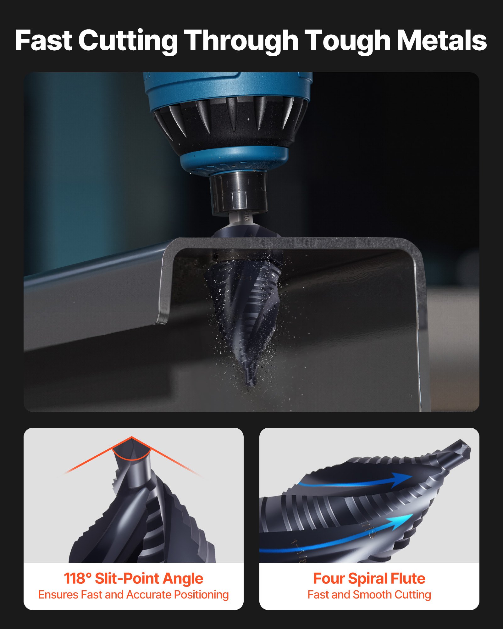 VEVOR Step Drill Bit, 3/16 to 1-3/8 inch, 3/8 inch Triangular Shank, TiAlN Coating Cobalt High Speed Steel, Four Spiral Flute Step Bit for Metal, Stainless Steel, Aluminum, Wood, Plastic, Fiberglass