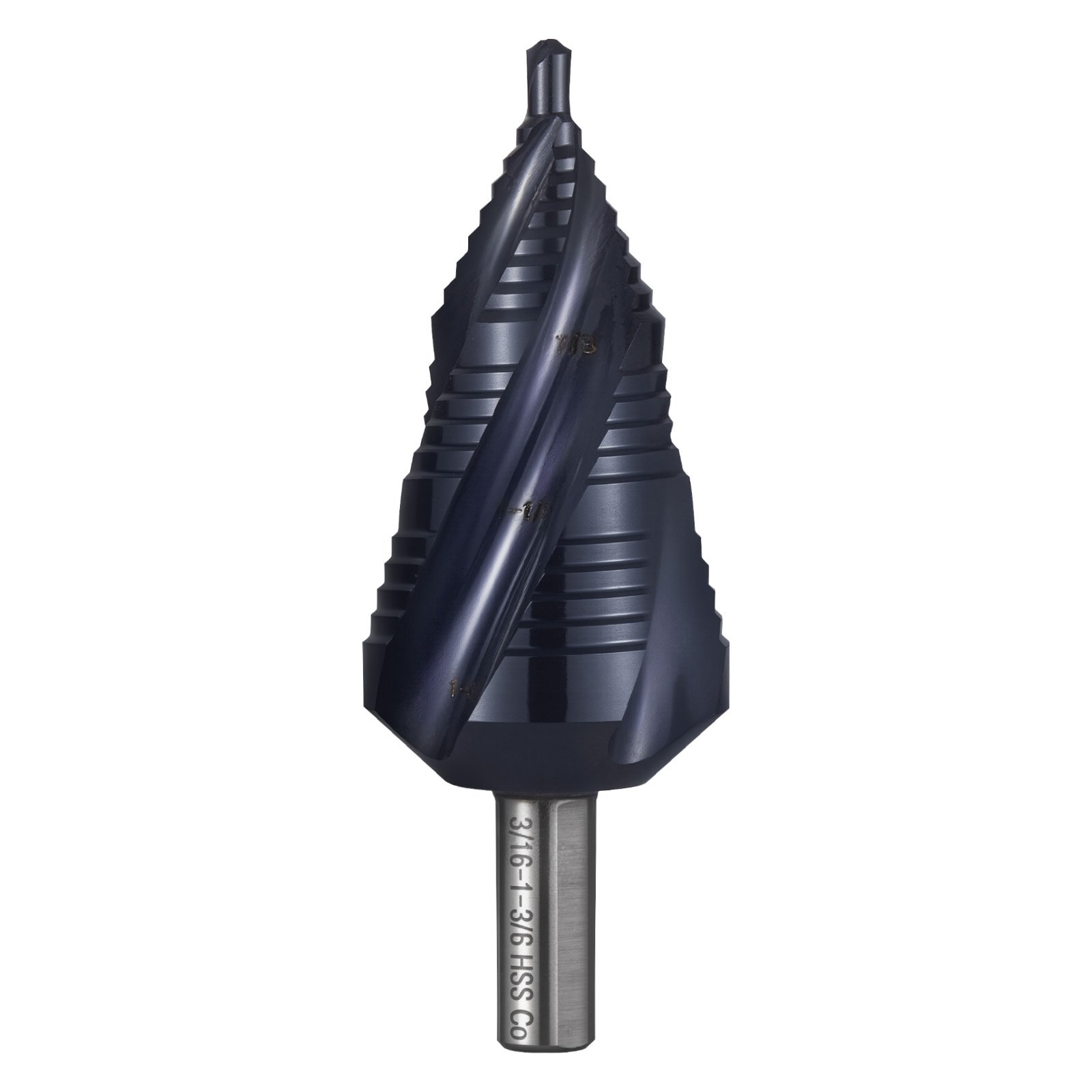 VEVOR Step Drill Bit, 3/16 to 1-3/8 inch, 3/8 inch Triangular Shank, TiAlN Coating Cobalt High Speed Steel, Four Spiral Flute Step Bit for Metal, Stainless Steel, Aluminum, Wood, Plastic, Fiberglass