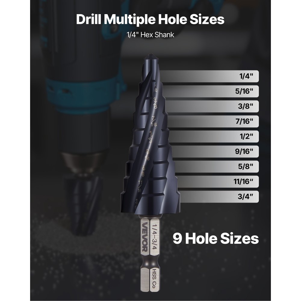 VEVOR Step Drill Bit, 1/4 to 3/4 inch, 1/4 inch Hex Shank, TiAlN Coating Cobalt HSS High Speed Steel, Four Spiral Flute Step Bit for Metal, Stainless Steel, Aluminum, Wood, Plastic, Fiberglass