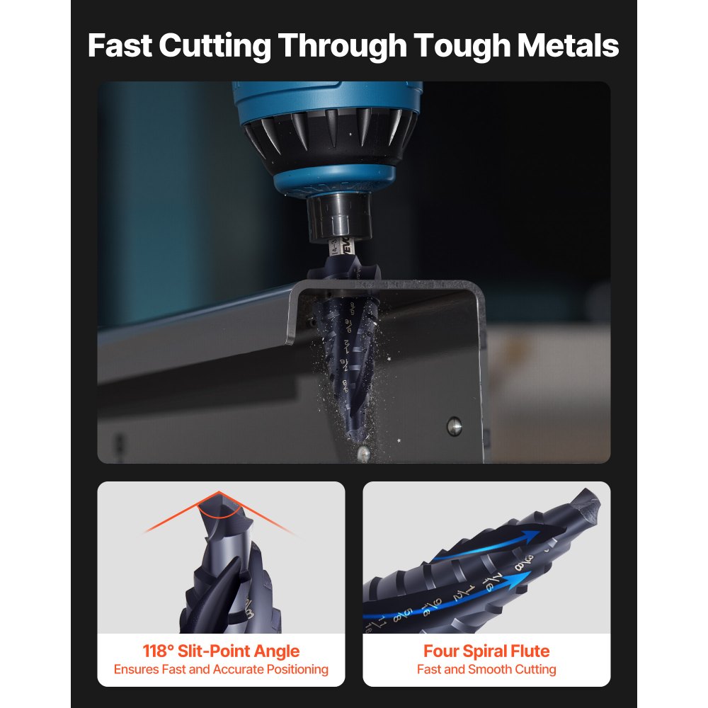 VEVOR Step Drill Bit, 1/4 to 3/4 inch, 1/4 inch Hex Shank, TiAlN Coating Cobalt HSS High Speed Steel, Four Spiral Flute Step Bit for Metal, Stainless Steel, Aluminum, Wood, Plastic, Fiberglass