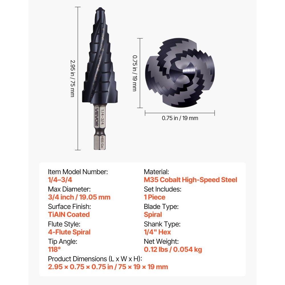 VEVOR Step Drill Bit, 1/4 to 3/4 inch, 1/4 inch Hex Shank, TiAlN Coating Cobalt HSS High Speed Steel, Four Spiral Flute Step Bit for Metal, Stainless Steel, Aluminum, Wood, Plastic, Fiberglass
