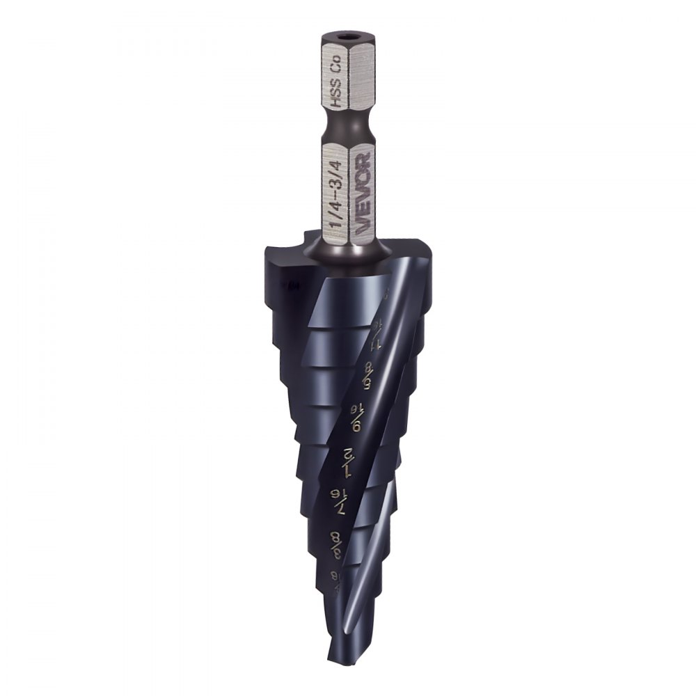 VEVOR Step Drill Bit, 1/4 to 3/4 inch, 1/4 inch Hex Shank, TiAlN Coating Cobalt HSS High Speed Steel, Four Spiral Flute Step Bit for Metal, Stainless Steel, Aluminum, Wood, Plastic, Fiberglass
