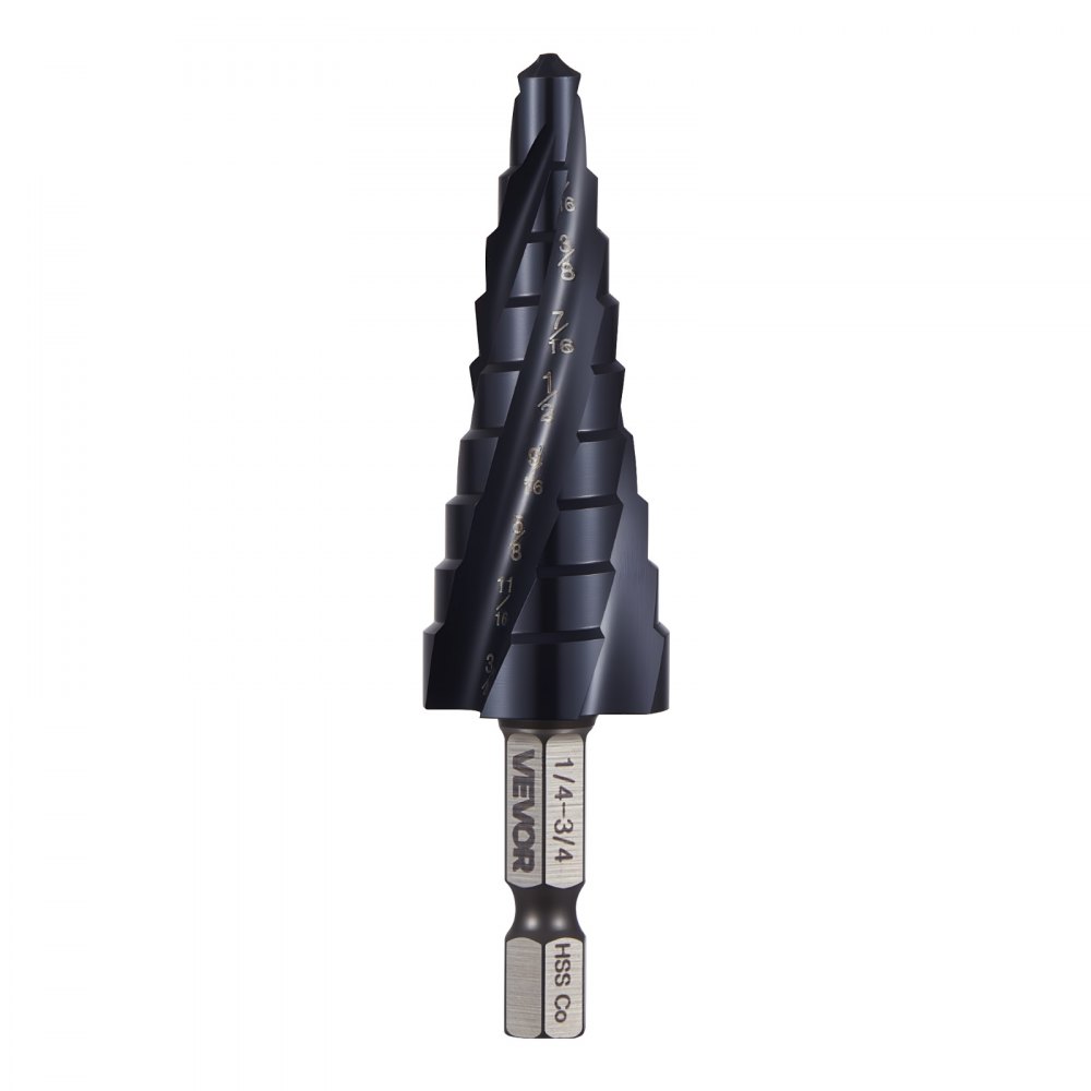 VEVOR Step Drill Bit, 1/4 to 3/4 inch, 1/4 inch Hex Shank, TiAlN Coating Cobalt HSS High Speed Steel, Four Spiral Flute Step Bit for Metal, Stainless Steel, Aluminum, Wood, Plastic, Fiberglass